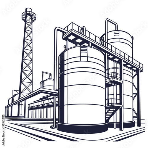 Chemical refinery site with tanks and tower industrial site
