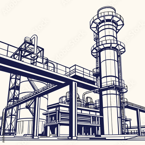 Industrial chemical refinery with tower and catwalk