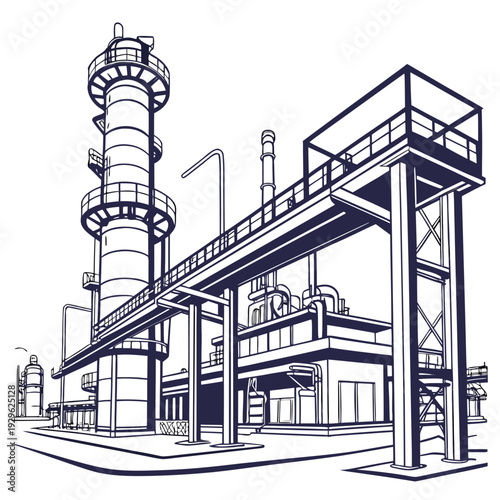 Industrial chemical refinery plant with tower and walkway