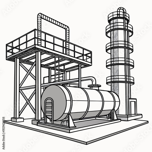 Industrial oil refinery equipment with tower and storage tank