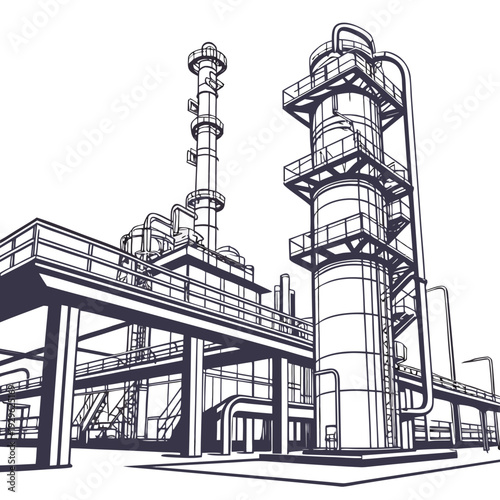 Industrial chemical refinery plant with towers and pipelines