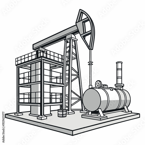 Oil pumpjack and storage tank on industrial platform