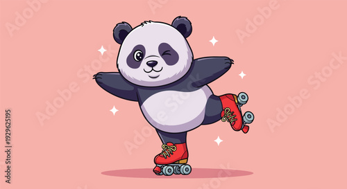 Cute Panda Bear Roller Skating on One Leg.