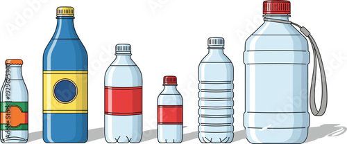 Plastic Water Bottle Vector Set with Various Sizes, Reusable Gallon Jugs, Small Bottles, Beverage Containers, Mineral Water Packaging, and Blue Soda Glass