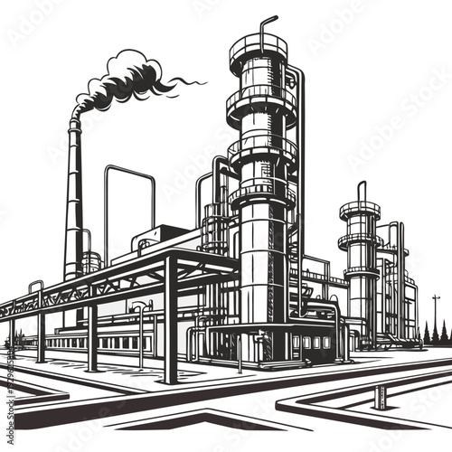 Industrial factory complex with smokestack pipes machinery