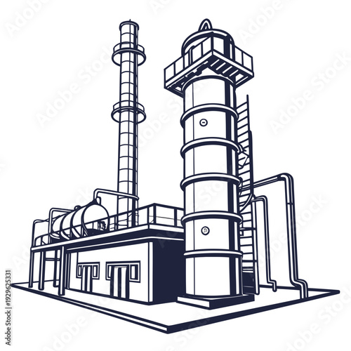 Industrial fuel processing plant with towers and pipelines