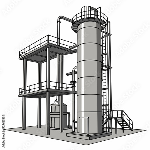 Industrial oil distillation tower with catwalk and staircase