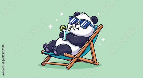 Cute Panda Relaxing on a Beach Chair with Sunglasses and a Drink.