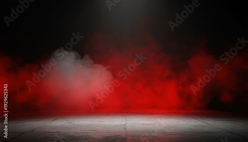 Ethereal red and white smoke billows across a dark concrete stage with subtle lighting from above.