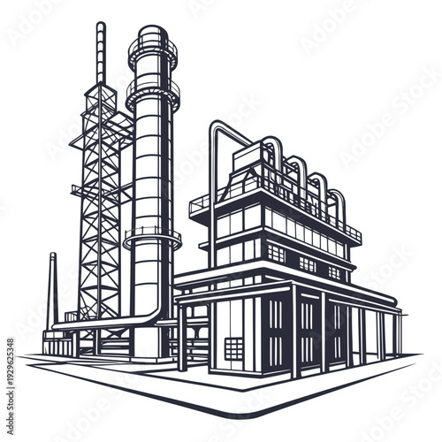 Industrial oil refinery with smokestack and pipes factory