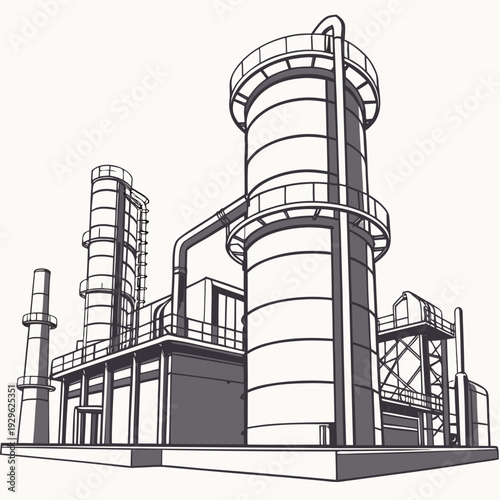 Monochromatic of industrial refinery with cylindrical tanks and pipes