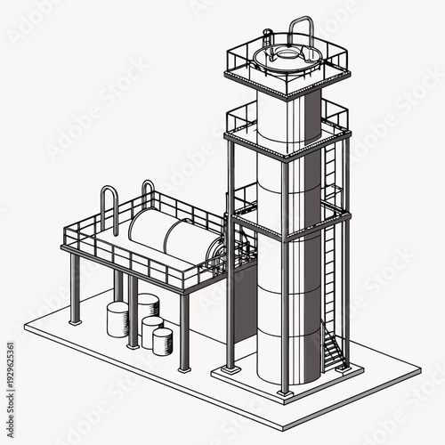 Isometric view of industrial oil distillation facility with cylindrical tanks and piping