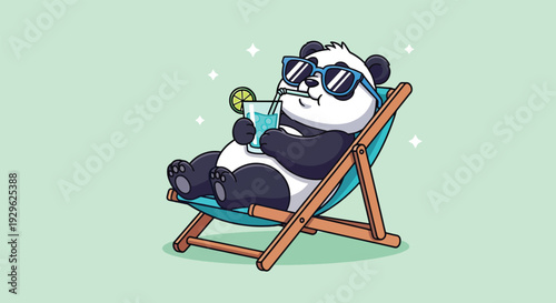 Cute panda relaxing on beach chair with refreshing cocktail.