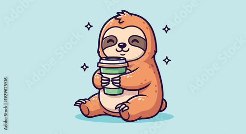 Cute Sloth Holding Coffee Cup Cartoon Vector.
