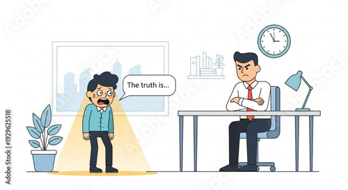 Businessman revealing truth to boss in office setting with spotlight