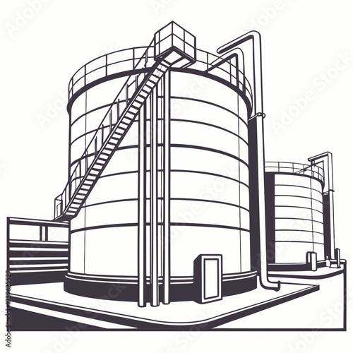 Detailed of a chemical refinery yard with cylindrical storage tanks and staircases
