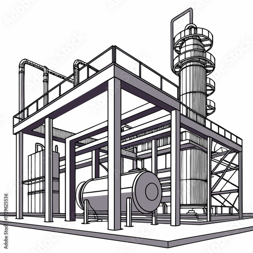 Industrial oil refinery plant with spiral staircase and pipes