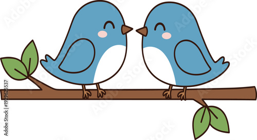 Adorable Chibi Bird Characters Perched on Branch with Leaves for Valentine's Day Wedding and Romance Branding