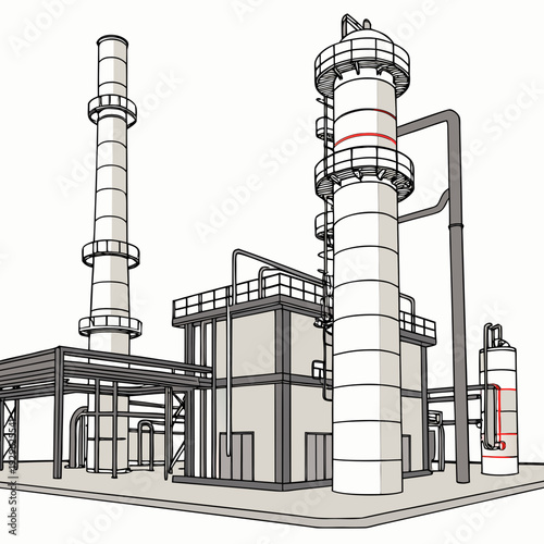 Industrial petroleum refinery with smokestacks and pipes