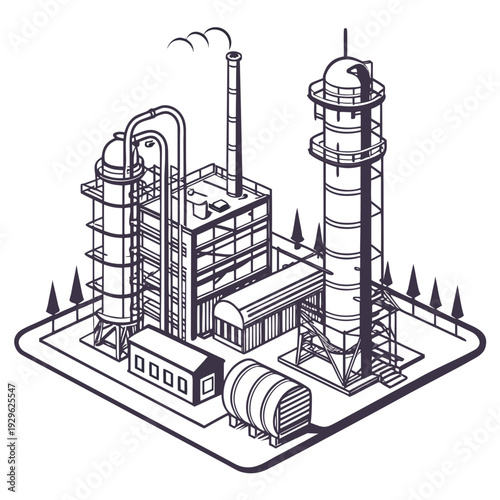 Isometric of oil refinery facility with smokestacks and pipelines