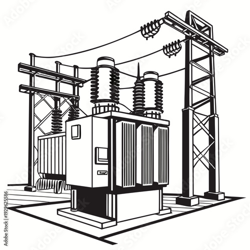 Black and white of an electrical transformer station with power lines and towers