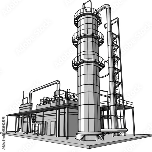 Industrial refinery plant with tall cylindrical tower and pipes