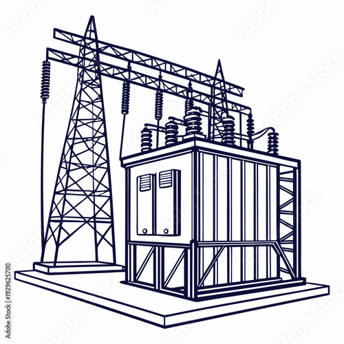 Outdoor electrical substation with power transmission tower