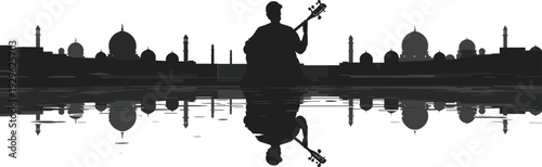 islamic city skyline silhouette musician playing instrument reflection cultural background ramadan eid artistic vector illustration landscape scene