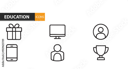 Education icons including gift computer people phone and trophy