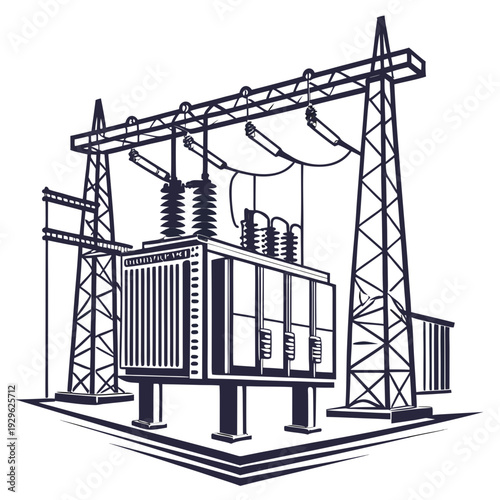 Transformer substation with towers and insulators power