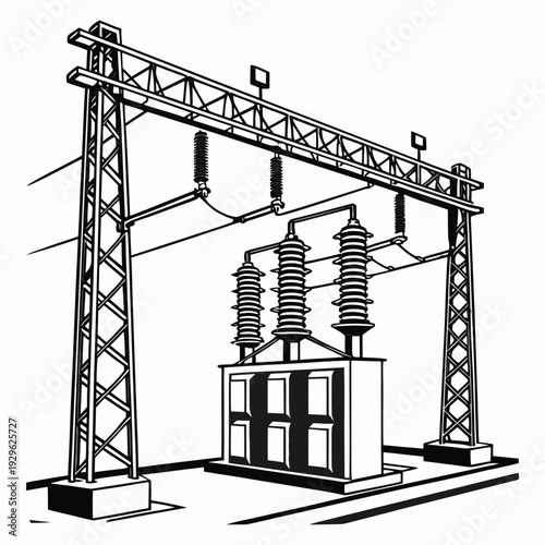 Black and white of substation switch with towers and insulators