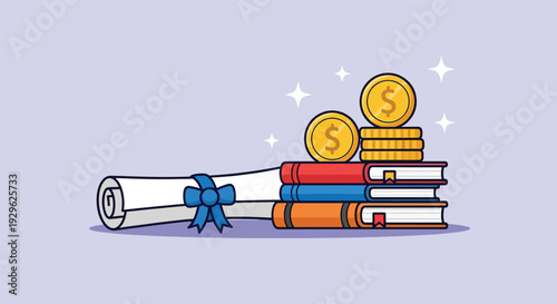 Graduation Diploma Books and Money Representing Education Investment and Financial Success.