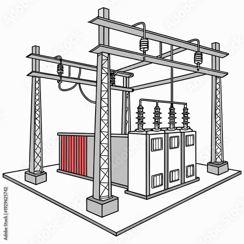 Industrial electrical substation with transformer and power lines