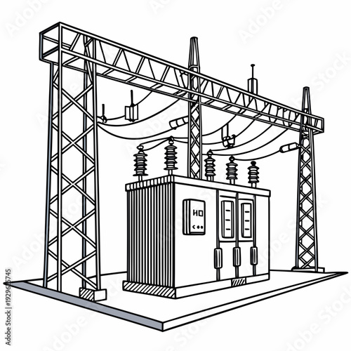 Of an electrical substation with transformer and transmission towers