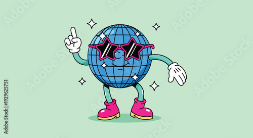 Groovy disco ball character with sunglasses dancing at a party.