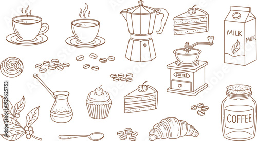 Illustration of coffee and bakery related items in a simple line drawing style