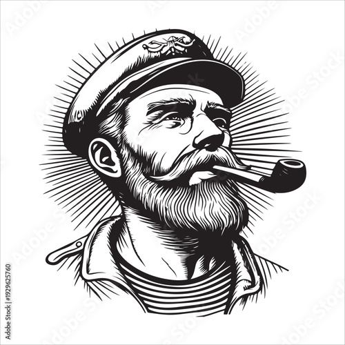 hipster sailor with thick beard and pipe engraving vector illustration 