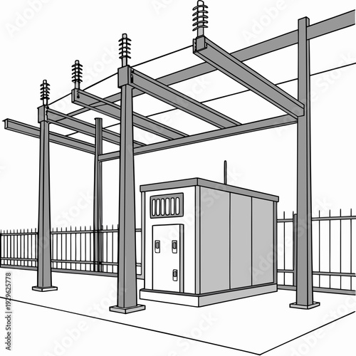 Outdoor power distribution substation with metal structure and fence