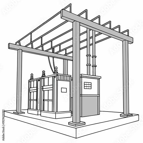 Outdoor power distribution substation with transformer and control panel