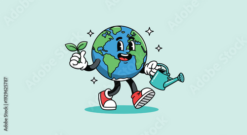 Happy cartoon Earth character holding a plant and watering can.