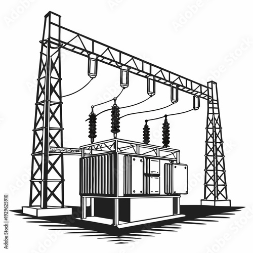 Black and white of a power transformer station with towers and insulators
