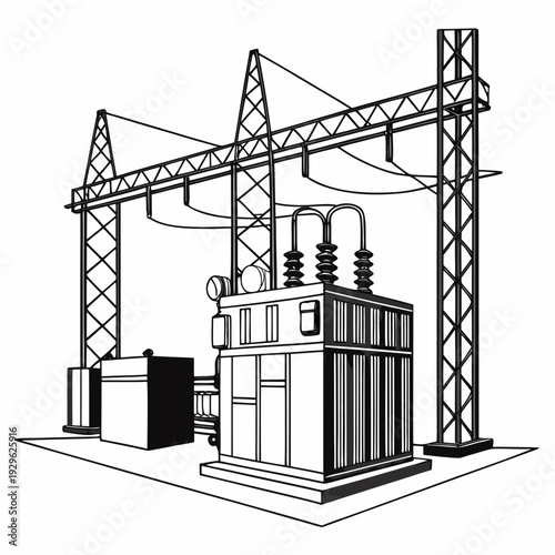 Black and white of industrial power transformer station with towers and electrical equipment