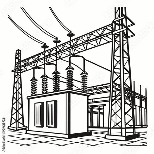 Detailed of a power grid station showing a transformer and transmission towers