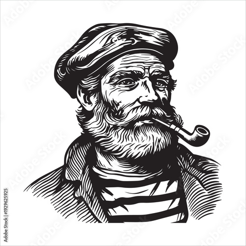 hipster sailor with thick beard and pipe engraving vector illustration 