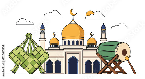 Islamic Mosque with Ketupat and Drum Illustration.