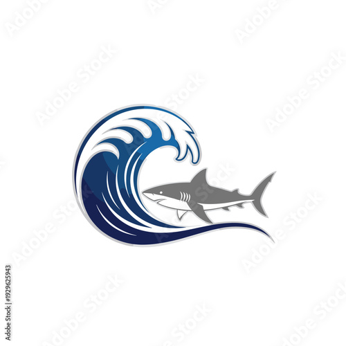 Gray shark swimming in a powerful blue ocean wave illustration