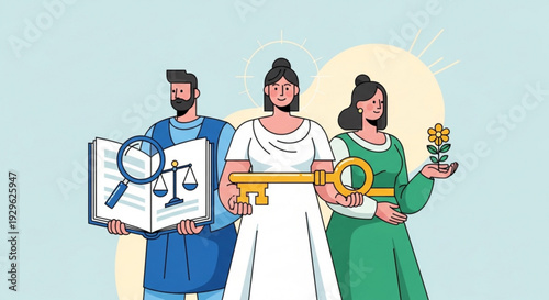 Three people holding law key and flower for justice and harmony