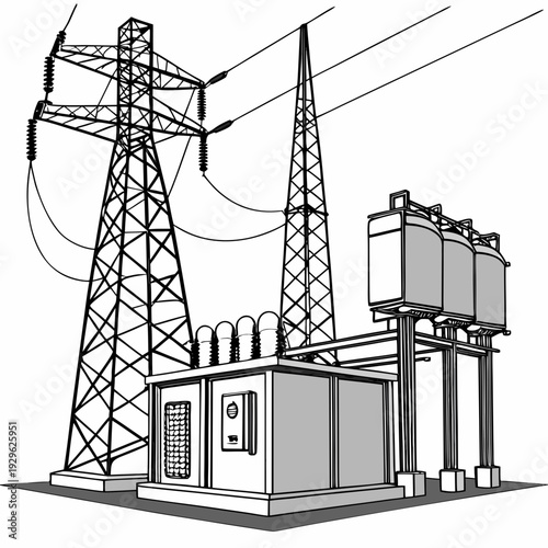 Highly detailed render of a modern electric power substation