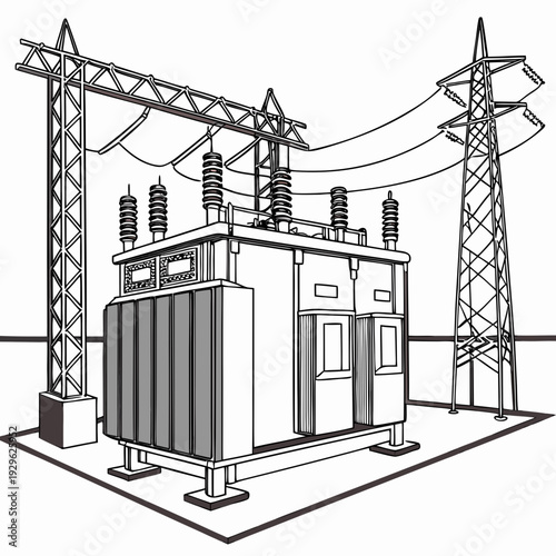 Of industrial power transformer station with towers and electrical wires