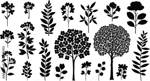 Minimalist Black Vector Icons of Flowering Trees Leafy Branches and Wildflower Stems for Nature Branding and Minimalist Design